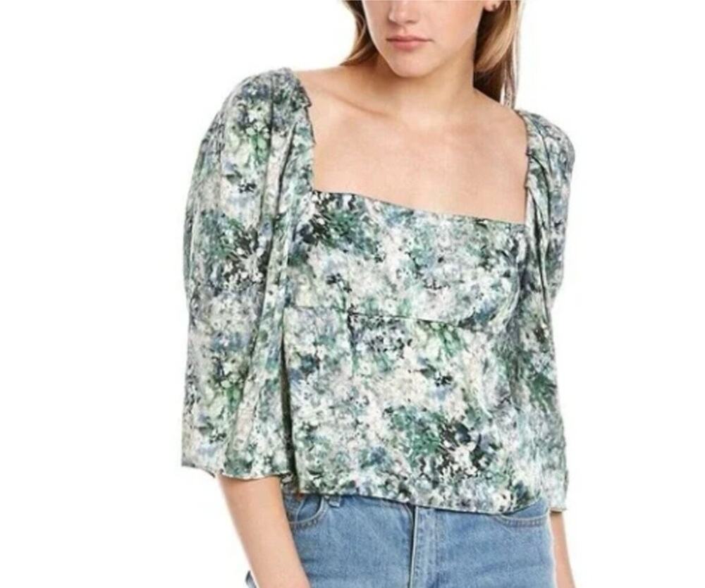 Vince Blouse Women's SZ 6 Green Floral Print Long Sleeve Draped Front Top Shirt